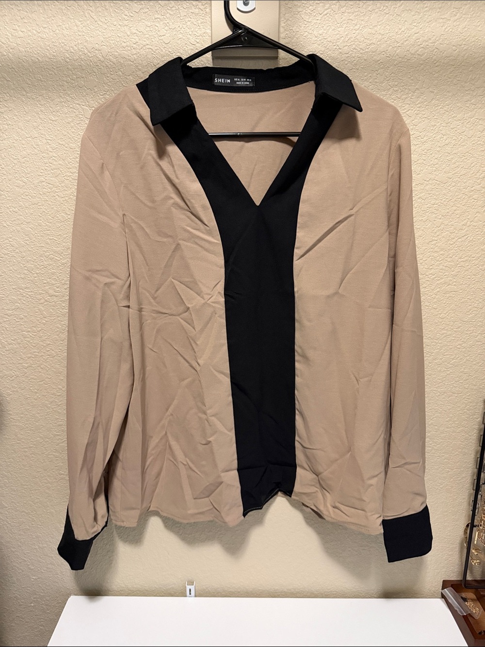 SHEIN Beige Blouse with Black Contrast V-Panel & Collar